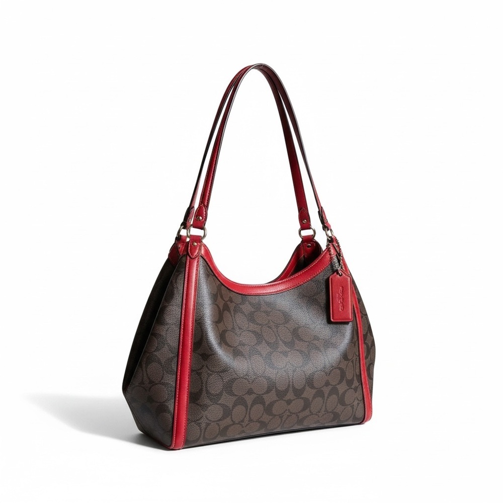 ✨ Coach Signature Zip Shoulder Bag Red Trim Brown Black Canvas NWOT✨ - Picture 4 of 13